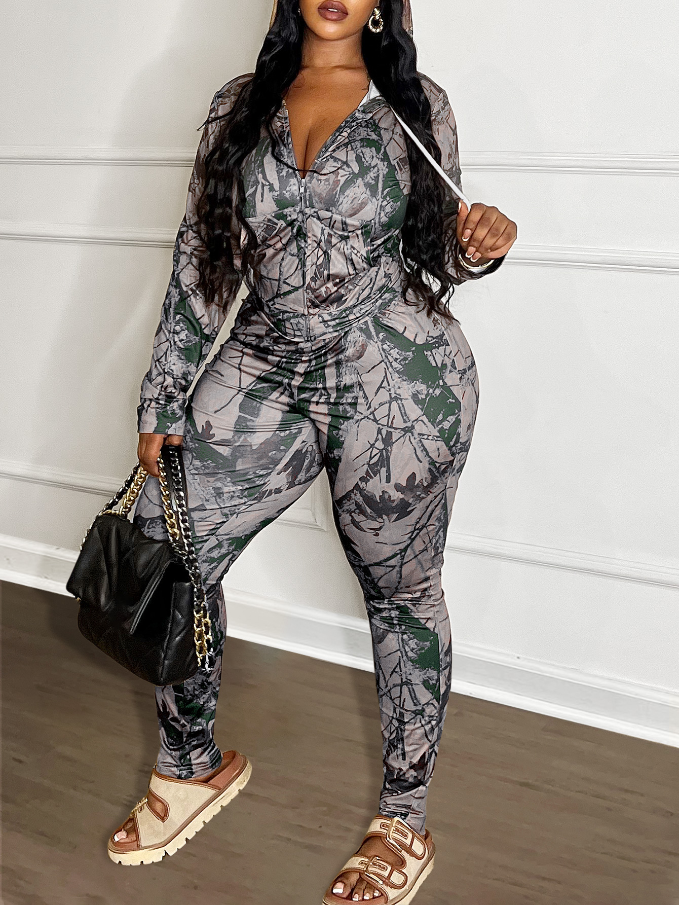 LW Plus Size Pocket Design Mixed Print Two-piece Pants Set 0X